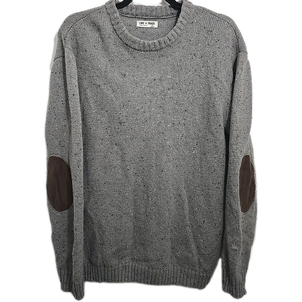 Line of Trade Men's Wool Blend Gray Speckled Elbow Patch Crewneck Sweater XL‎